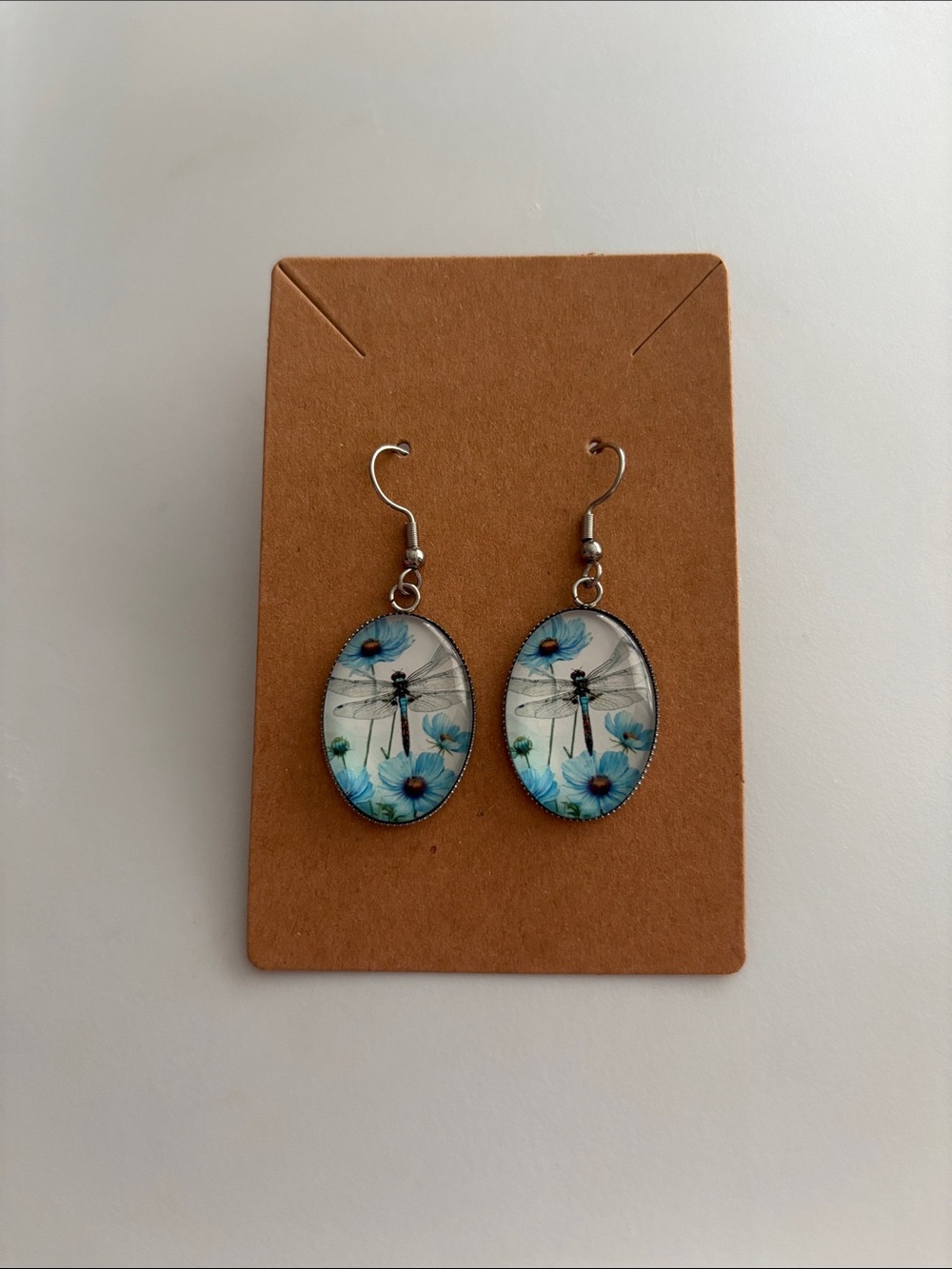 Fashion Jewelry Blue Floral Dragonfly Oval Earrings